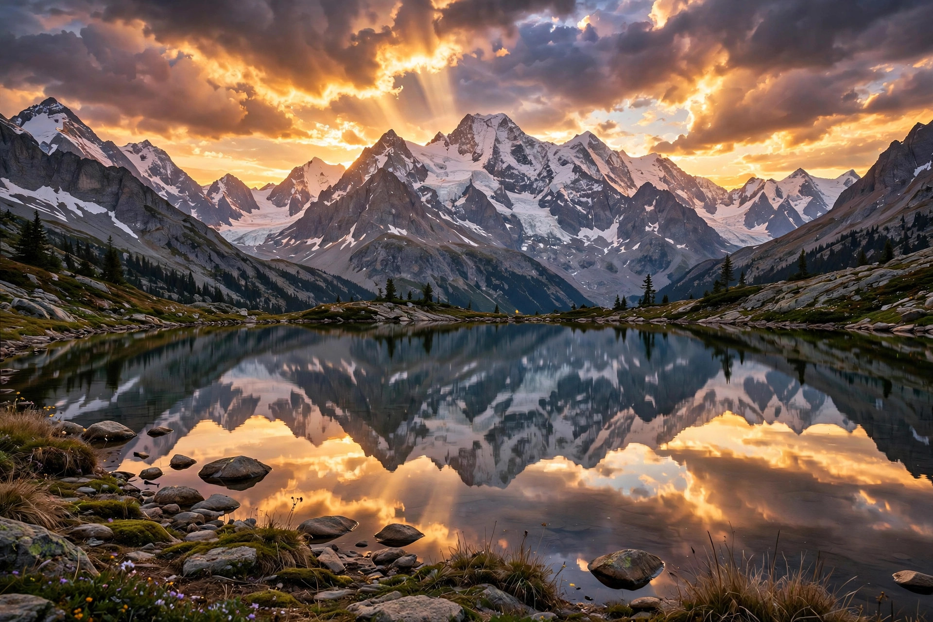 Snowy mountains at golden sunset